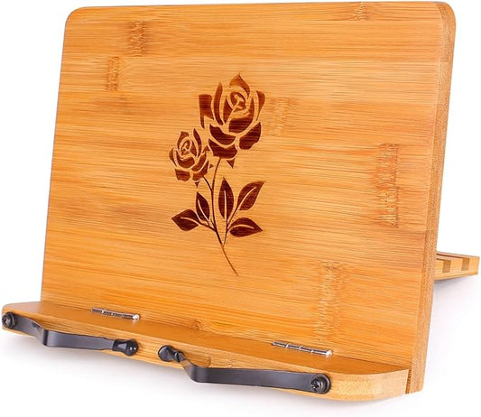 MEGREZ Bamboo Book Stand 11 x 8.0 inch, Foldable Cookbook Holder with 6 Adjustable Height, Reading Book Holder for Recipe, Music Book, Textbook, Tablet Stand, Rose