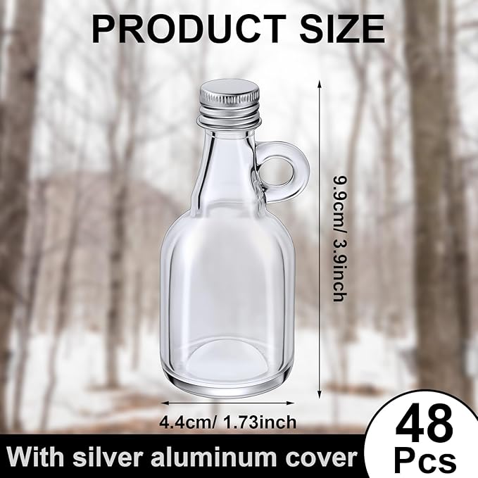 Suclain 48 Pcs 1.7oz Mini Glass Syrup Bottles Small Syrup Jars with Loop Handle and Lids Clear Glass Reusable Maple Jars Container Stout Sample Bottle for Potion Juice Milk Storage Sauce Oil