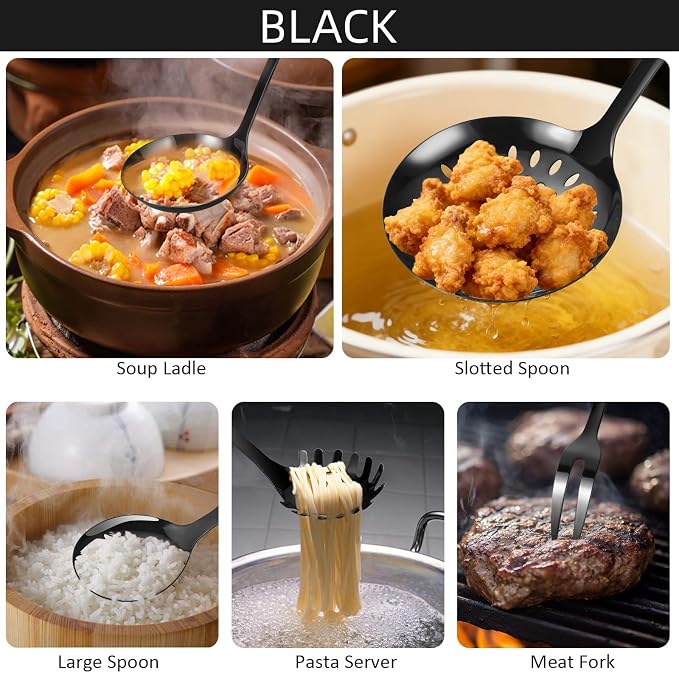 304 Stainless Steel Cooking Utensils Set,9PCS Metal Kitchen Utensils Set with Wooden Handle,Solid Spoon,Spatula,Ladle,Skimmer,Spaghetti Spoon,Dishwasher Safe(Black)