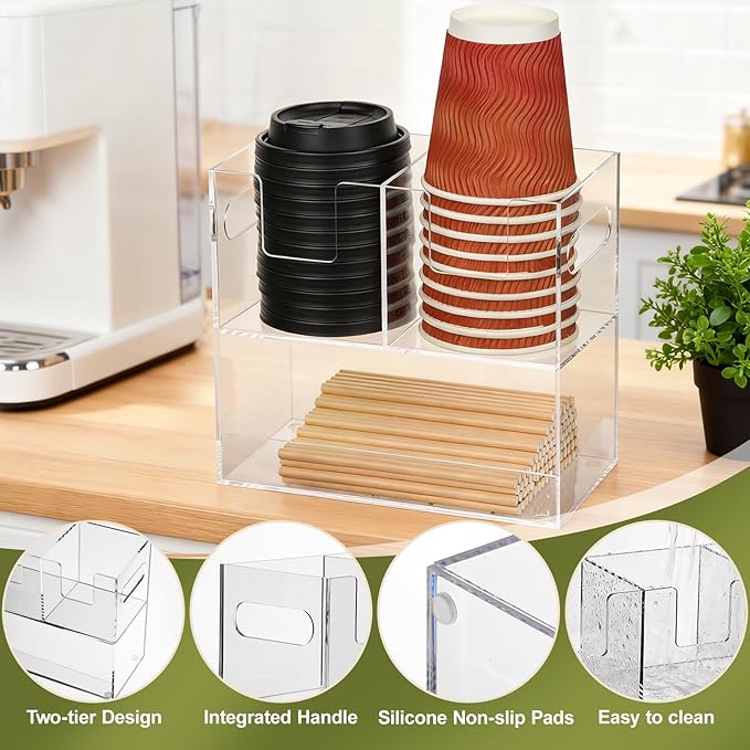 MYITYARD Cup Storage Organizer, Coffee Station Caddy, Clear Acrylic Cup and Lid Holder, Coffee Condiment Bar Accessories for Pods, Sugar, Creamer, Syrup, 3 Compartments, 8.3 x 4.3 x 7.9 Inches