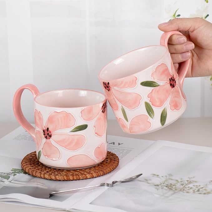 KAMMAK Ceramic Coffee Mug, 13.5oz Pink Mugs Set of 2, Novelty Cup for Tea, Juice, Milk, Cute Porcelain Water Cups with Handle for Women, Dishwasher and Microwave Safe