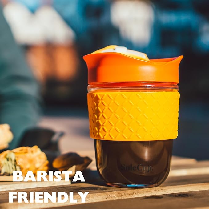 Reusable Strengthened Glass Travel Cup - Spill Proof Coffee Mug - 12oz/340ml BPA-Free Hot Drink Travel Mug with Lid & Silicone Band (Ice Cream, 12oz)