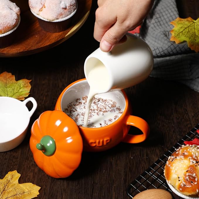 DOITOOL Halloween Pumpkin Mugs Set of 2 Ceramic Coffee Cups with Handle 5.31 Inch Pumpkin Shape Mugs for Coffee Milk and Hot Drinks