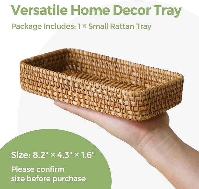 Small Rattan Serving Tray, Natural Wicker Decorative Tray Handwoven for Keys Trinkets Rings Cosmetics, Decorative Jewelry Perfume Tray for Coffee Table Entryway Living Room(8.2" × 4.3")