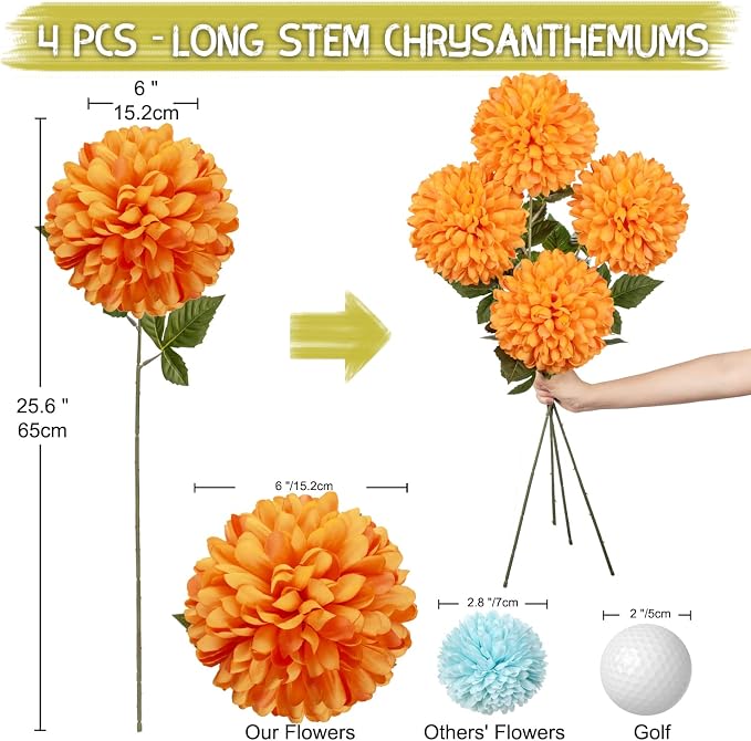 Briful Autumn Artificial Chrysanthemums Ball Flowers 6’’ Large Heads Mums Stems Orange Fake Hydrangea Flowers Bouquet for Home Party Wedding Fall Harvest Decorations, Set of 4