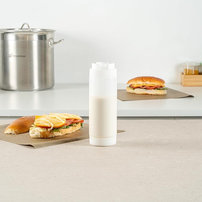 Restaurantware Plastic Squeeze Bottle 20 oz Refillable Condiment Bottle Large Valve Dishwashable Clear Inverted Sauce Dispenser For Thick Condiments, Dressings, Batter, Sour Cream, And Syrups