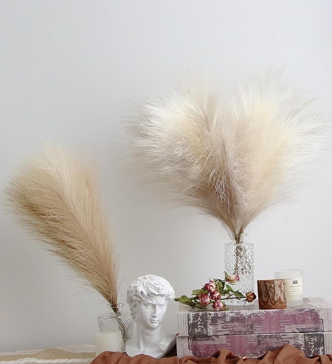 ZIFTY 42-Piece Fluffy Faux Pampas Grass Decor, 6 Hand-Bundled Packs of 7, 17" Short Artificial Pampas Grass Bulk, Boho Fake Flower Vase Filler, Home Wedding Decor, Beige & Taupe