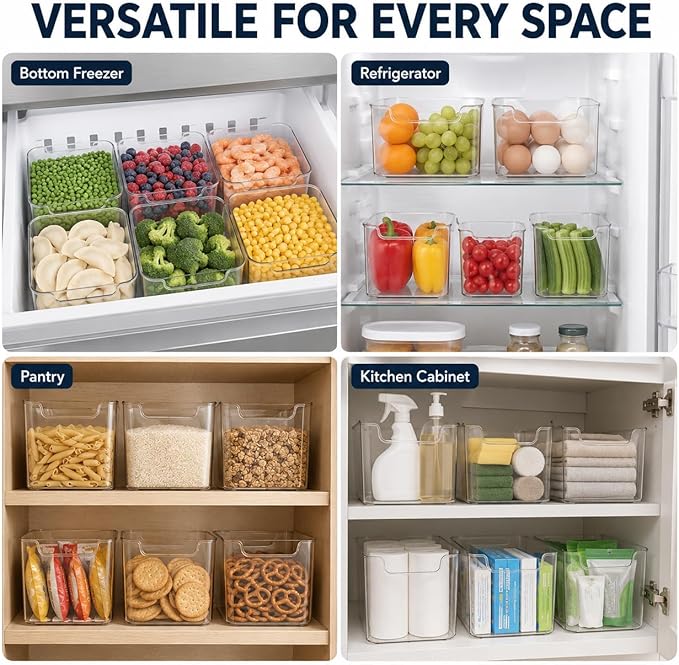 Clear Crystal Freezer Storage Bins,3 Pack Clear Plastic Organizer Freezer Bins for Refrigerator and Pantry,Stackable Kitchen Cabinet Containers with Handles (Crystal Clear, 3pcs*Large)