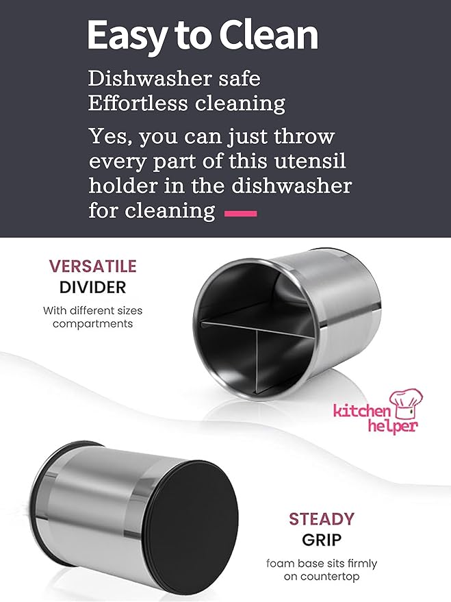 Stainless Utensil Holder 360° Rotating 6.5X5.25 Inch Utensil Crocks for Kitchen Counter with Removable Divider Bright
