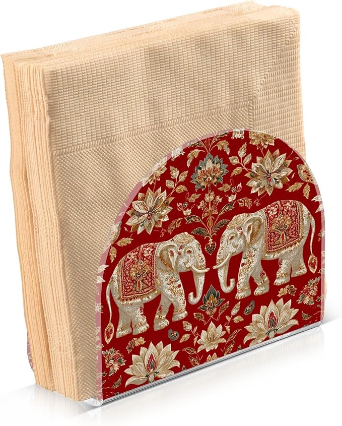 Napkin Holder Acrylic Napkin Holder for Table Kitchen Party Restaurant U Shaped Upright Napkin Dispenser Organizer Red Retro Elephant Flowers