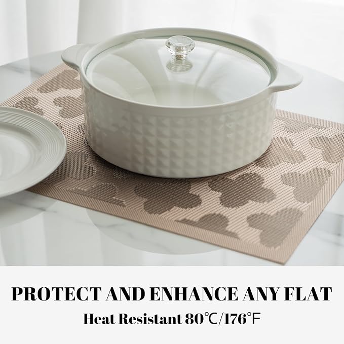 Placemats Set of 12 Vinyl/Plastic Woven Place Mats for Kitchen Table Indoor/Outdoor Washable Placemat Wipeable Dining Table Mats (Dark Brown Clover,12)