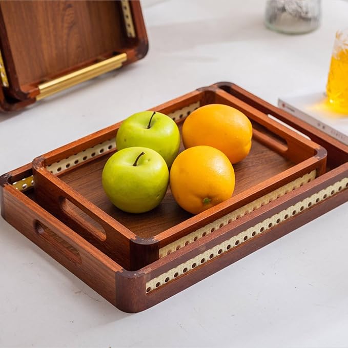 Wooden Tray with Handles Metal Handle Wooden Serving Tray Home, Grid Wooden Handle, Large 45 30 5cm