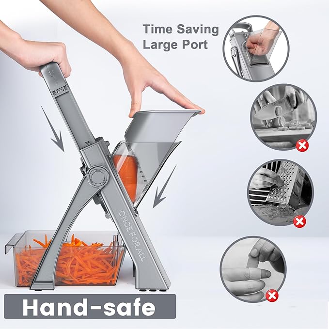 SupMaKin Upgrade Safe Mandoline Slicer for Kitchen,Adjustable Potato Slicer Vegetable Onion Chopper, French Fry Cutter, Include Vegetable Peeler(Gray)