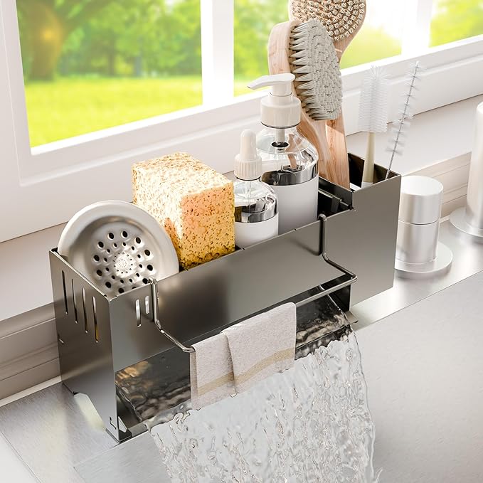 Kitchen Sink Caddy Organizer, Sponge Holder for Kitchen Sink with Upgraded Extra-Wide Drain Board, Efficient Drainage, Stainless Steel with Rust-Resistant Coating