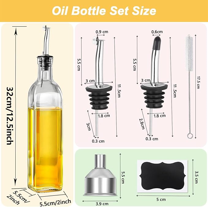 Olive Oil Dispenser Bottle, 2 Pcs Glass Oil Bottle for Kitchen, Oil and Vinegar Dispenser Set with 2 Stainless Steel Pourers, 4 Labels,1 Brush and 1 Funnel