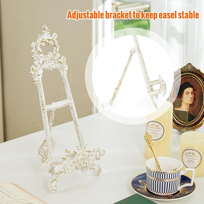 Sungmor Vintage Cast Iron Cookbook Stand, Small Ornate Easel Fleur De Lis Stand, 15.5" Tall Antique White Table Top Display Holder for Recipe Book, Picture Frame, Plate, Home Kitchen Decor