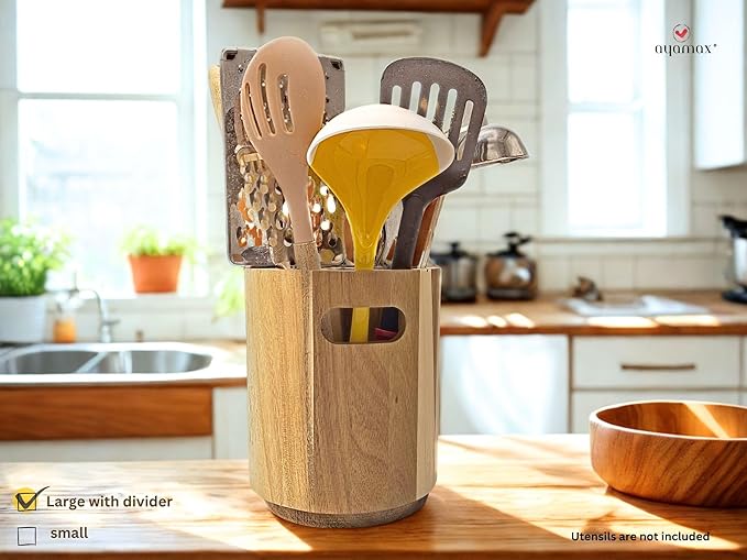 Acacia Wood Utensil Holder for Kitchen Counter, Large 360° Rotating Wooden Utensil Crock Organizer with Divider, Farmhouse Cooking Utensil Holder for Countertop