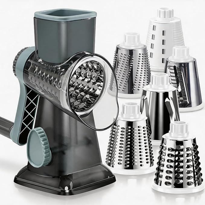 KEOUKE Rotary Cheese Grater Pro 6 in 1 - Shredder Crinkle Slicer Grinder Ice Shaver, Stable Suction, Time-saving Easy Use & Clean, Safe Morden Kitchen Tool for Cheese, Vegetable, Nuts, Chocolate