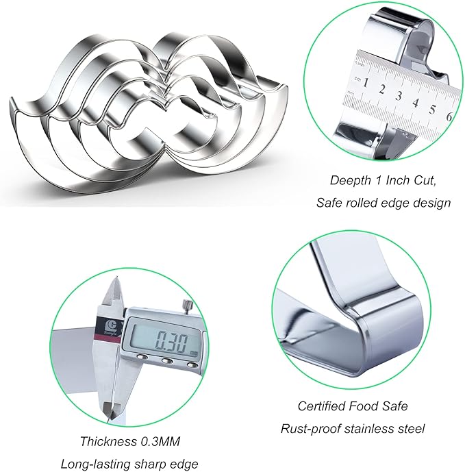 Mustache Cookie Cutter Set Large Assorted Sizes - 5 Inch, 4 Inch, 3 Inch, 2 Inch - 4 Piece Beard Cookie Cutters Shapes for Men Father's Day - Stainelss Steel