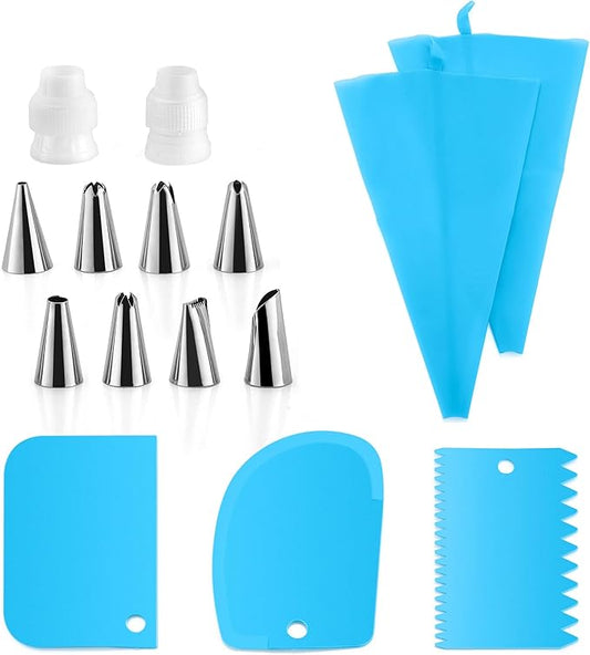 E-far Piping Bags and Tips Set, Cake Decorating Kit Baking Supplies with 2 Reusable Silicone Pastry Bags, 2 Couplers, 8 Icing Tips and 3 Cake Scrapers, Baking Decorating Tools for Cake Cookie Cupcake