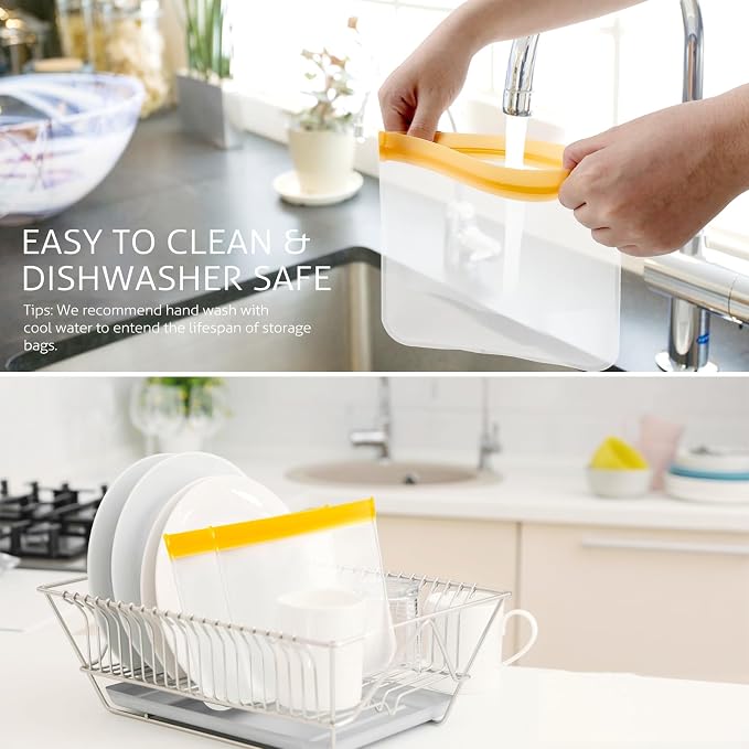 Reusable Sandwich Bags 10 Pack, 8.7x7.6 Inches Dishwasher Safe Silicone Food Storage Bags for Marinating Meats, Snacks, Cereal (Orange)