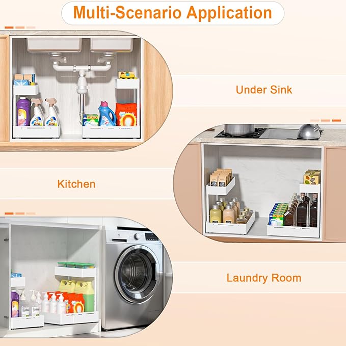 YJHome 2 Pack Expandable Under Sink Organizer, 2 Tier Pull Out Cabinet Organizer with Smooth Ball Bearing Slides, Adjustable Height Cabinet Storage Shelves for Kitchen, Bathroom, Laundry, Pantry