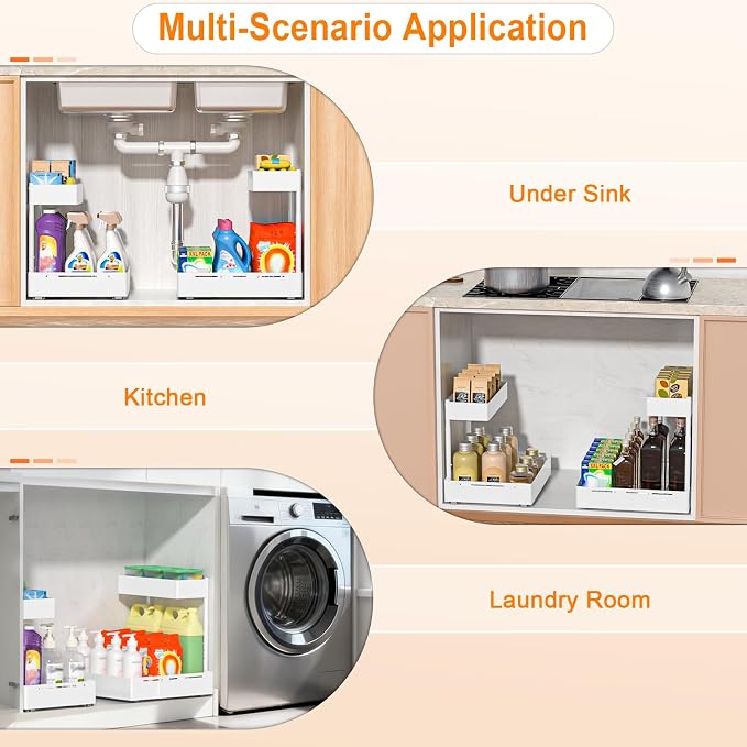 YJHome 1 Pack Expandable Under Sink Organizer, 2 Tier Pull Out Cabinet Organizer with Smooth Ball Bearing Slides, Adjustable Height Cabinet Storage Shelves for Kitchen, Bathroom, Laundry, Pantry