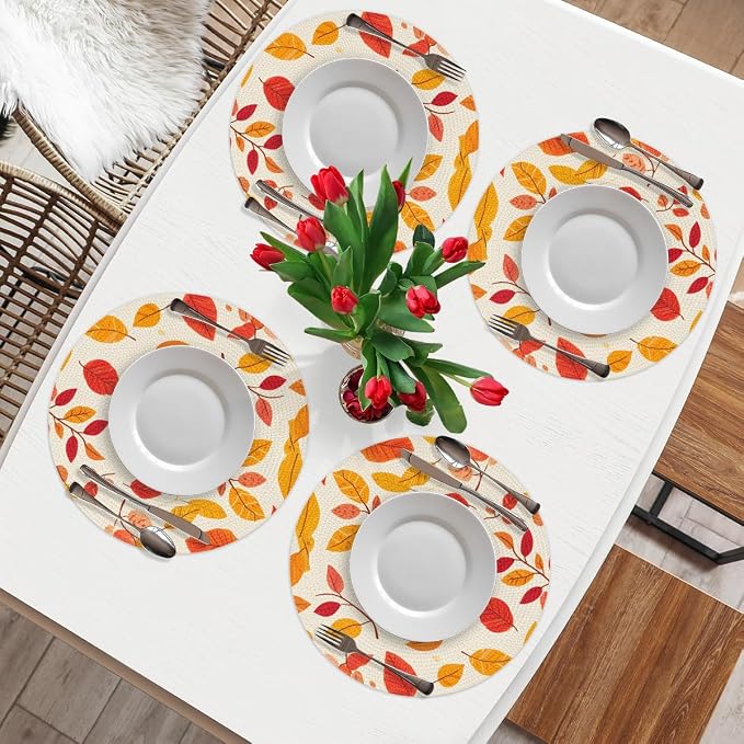 Round Placemats Set of 4, Autumn Maple Leaves Woven Placemats Mats Non-Slip Heat Resistant Washable Table Mats Round Braided Place for Farmhouse Kitchen Dining Party Decor 15in-6