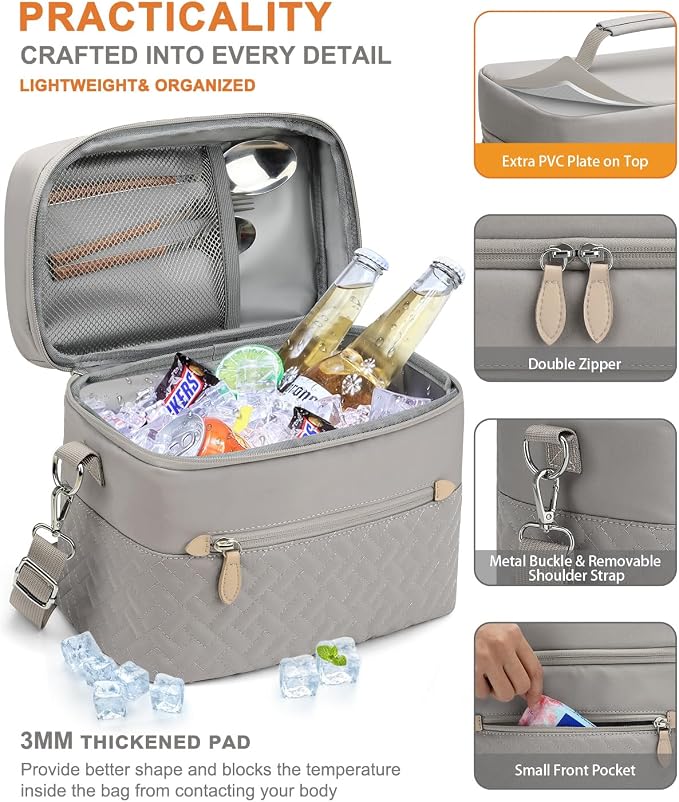 Capolo Lunch Box for Women Men Adults,Insulated Lunch Bag Leakproof Lunch Cooler Box with Removable Strap Cute Lunch Tote Bags Reusable Thermal Lunchbox for Work Picnic(Small,Khaki Gray)