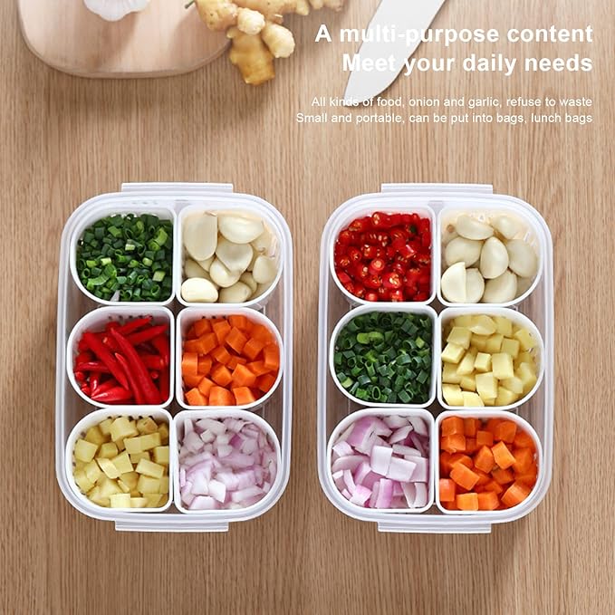 Reusable Veggie Tray with Lid, 6-Compartment Divided Snack Box Container & Fridge Organizer, Meal Prep Spice Case, Divided Food Storage Containers, Chilled Condiment Server & Vegetable Organizer