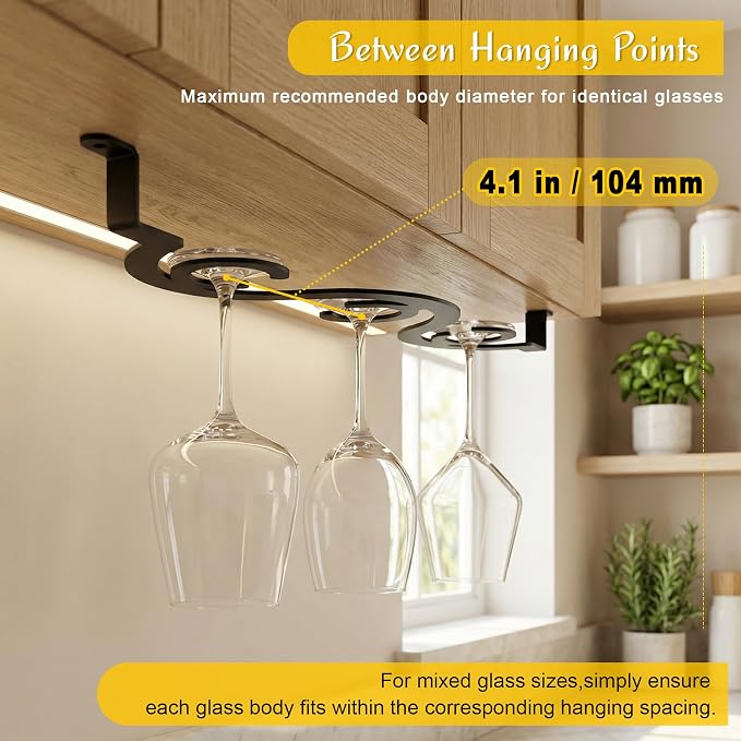 2-Pack Black Under Cabinet Wine Glass Rack – Space-Saving Stemware Holder for Kitchen & Bar, Fits Glasses with Body Diameter Under 4.1 Inches, 15.35 Inch Hanging Wine Glass Holder