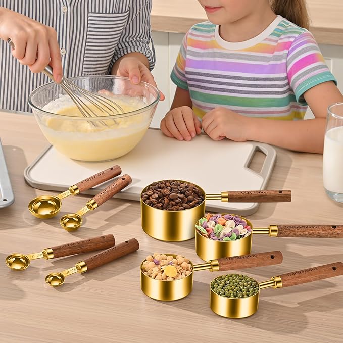 Wooden Handle Measuring Cups & Spoons Set 8-Piece – Stainless Steel, Stackable, Rustic Farmhouse Kitchen Gadgets, Non-Toxic, Dishwasher Safe, Gift for Bakers & New Homeowners