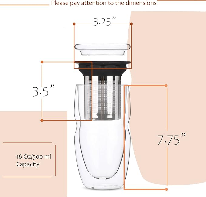 BTaT- Double Wall Glass Tea Cup With Stainless Steel Infuser and Lid, 16 oz, Borosilicate Glass Tea Mug Infuser, Gifts for Tea Lovers