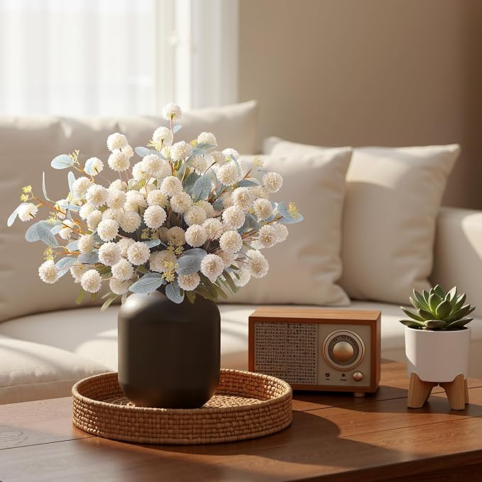 Alupssuc 16PCS Faux Silk Pompon Mums Artificial Flowers with Eucalyptus, Fake Chrysanthemum Floral for DIY Vase Arrangement, Long Stem Dining Table Centerpiece Home Decor, White