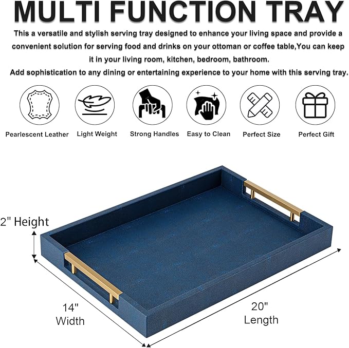 Navy Blue Faux Leather Serving Tray with Handles – Large Decorative Tray for Coffee Table, Ottoman, Living Room, Bathroom – Home Decor