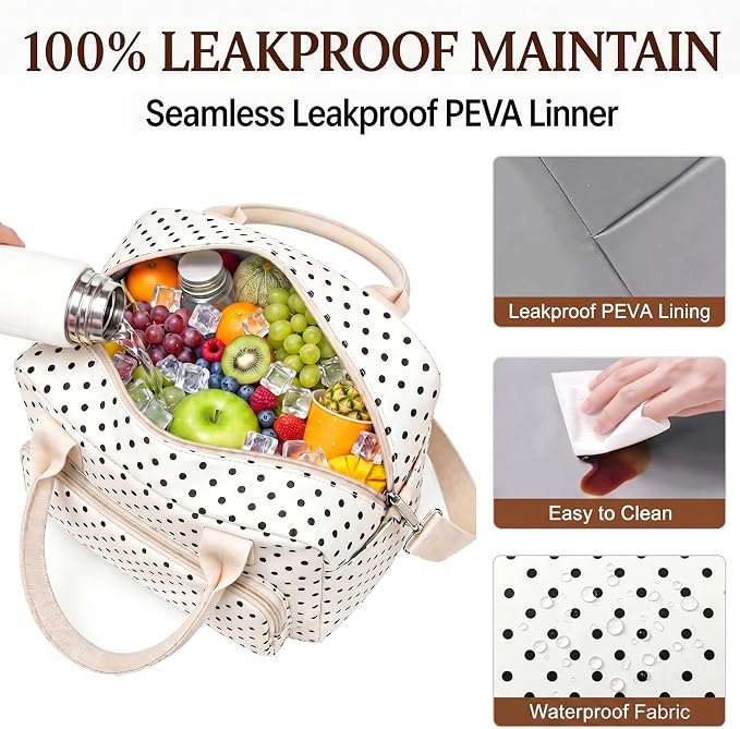 Insulated Lunch Bag for Women, Cute Polka Dot Large Capacity Leakproof Portable Thermal Lunch Box with Adjustable Shoulder Strap, Reusable Cooler Lunchbox Tote for Work Office Travel Picnic, White
