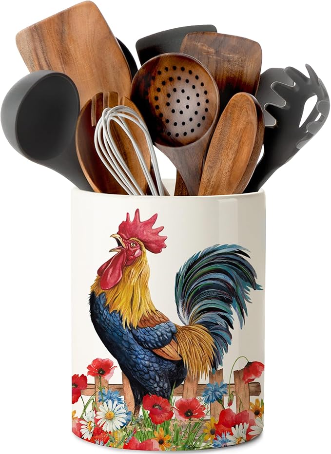 pinata Rooster Kitchen Decor Ceramic Utensil Holder, Cute Rooster Utensils Holder for Farmhouse Indoor Kitchen Decorations Rustic Farmhouse Decor (6.3 inch)