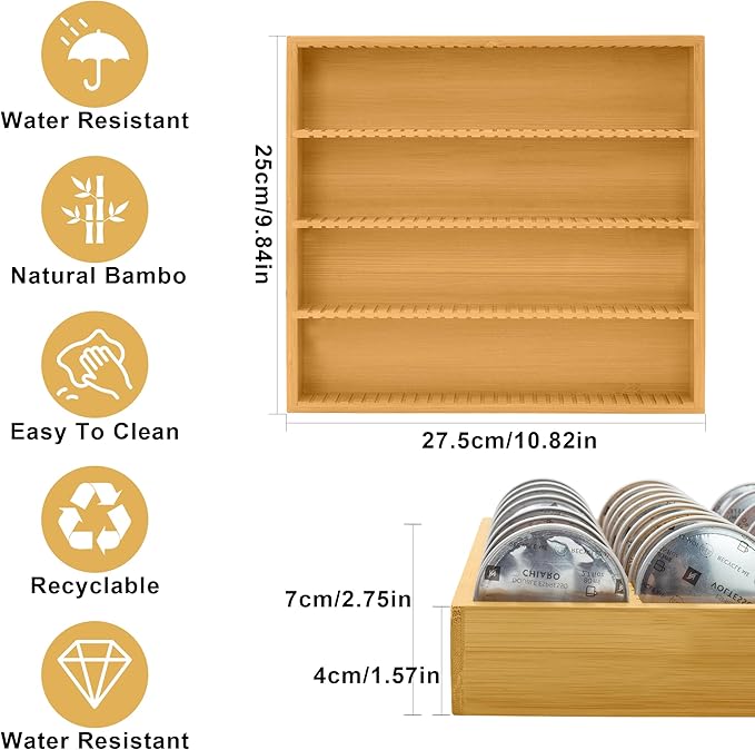 MinBoo Bamboo Coffee Pod Storage Holder Drawer Insert for Counter Compatible with Vertuoline Capsules for Kitchen, Home, Office, Coffee Station,Small