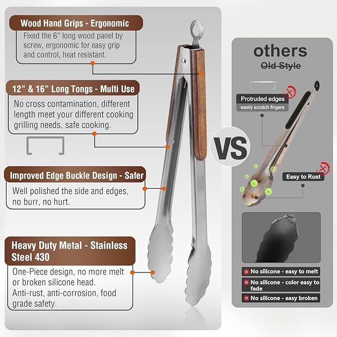 16" & 12" Heavy Duty Stainless Steel Grill Tongs with Locking Mechanism & Heat-Resistant Wooden Handle - 2-Pack BBQ Tongs for Grilling, Barbecue, Kitchen Cooking Accessories