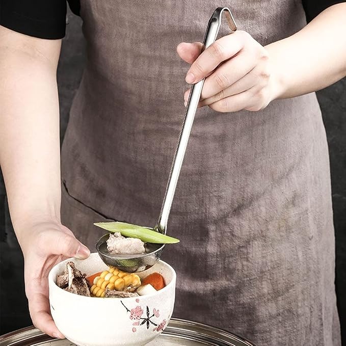 Stainless Steel Hooked Handle Ladle Set - 5 Pcs with Pouring Rim, Long Handle for Kitchen Cooking Soup Sauce (1oz, 2oz, 4oz, 6oz, 8oz)