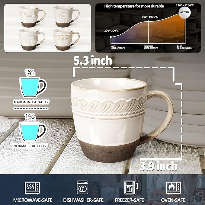 Artena Ceramic Coffee Mugs Set of 4, 16oz Embossed Large Latte Mugs Coffee Cups with Handle for Tea, Latte, Cappuccino & Cocoa, Milk Dishwasher & Microwave Safe, White (Willow Leaf)