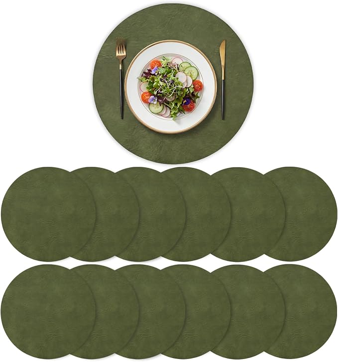 Artoid Mode Olive Green Faux Leather Placemats Set of 12, 15 Inch Waterproof Wipeable Heat Resistant Vinyl Place Mats, Reversible Table Mats for Kitchen Dining Decor