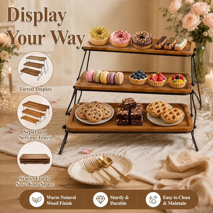 RHBLME Tiered Tray Stand, Acacia Wood Dessert Table Display Set, 3 Tier Cupcake Stand and Towers Serving Tray for Party, Decorative Tiered Tray Rustic Wood Serving Platters and Trays