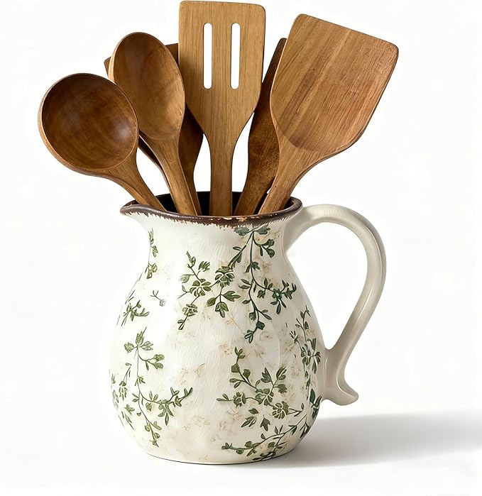 Rustic Ceramic Utensil Holder, 6.1"Modern Farmhouse Cooking Utensil Holder for Kitchen Counter with Handle, Kitchen Utensil Organizer Crock for Countertop Home Decor, Vintage Spoon Tray (green rattan)