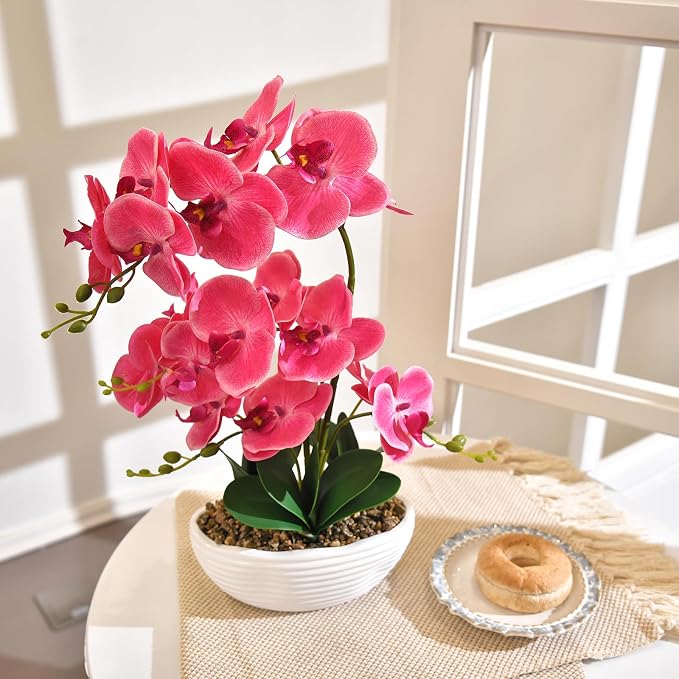19" H Phalaenopsis Faux Orchid Plant Silk Orchid Centerpiece Artificial Floral Arrangement in Ceramic Pot (Rose Red)