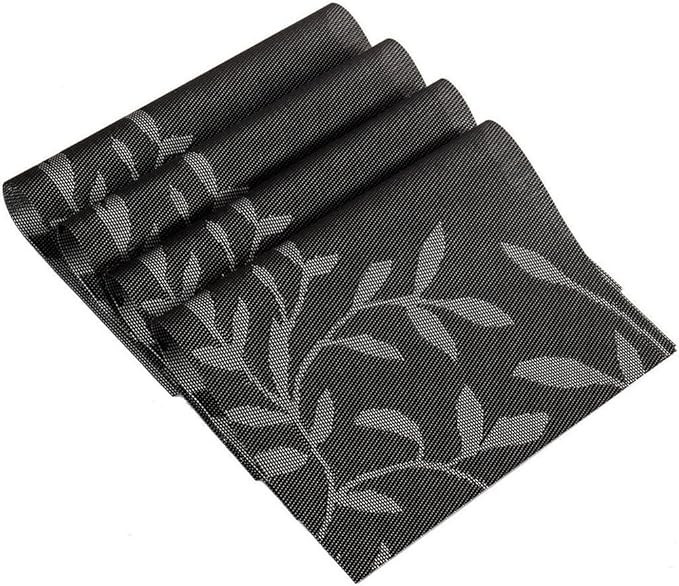 Placemats, Placemats for Dining Table Set of 4, Kitchen Table Mats Heat-Resistant Non-Slip Washable PVC Woven Vinyl Place Mats for Dining Room Table Decoration (Set of 6, Black Leaf)
