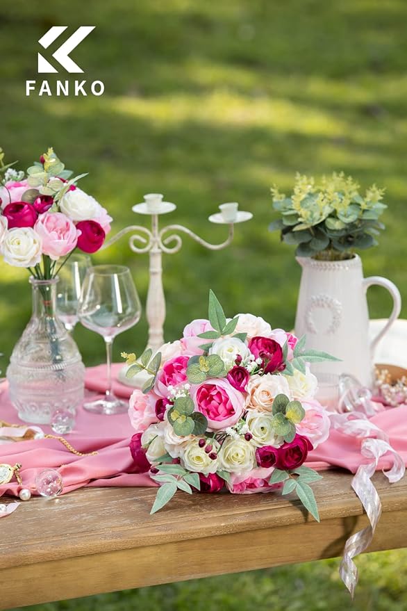 FANKO Artificial Flowers for DIY Bouquet, Faux Rose Combo Peony Ranunculus Stems in Pink White Burgundy for Vase, Floral Arrangement, Centerpieces, Wedding, Home Decor, Party Decoration