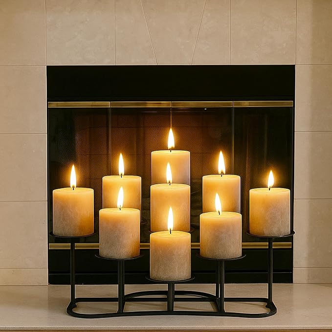 Smtyle Fireplace Candelabra Candle Holder - Modern Multi-Tier Black Matte Candelabra Centerpiece, Geometric Design with Stable Base for Pillar Candles, Perfect for Minimalist Home