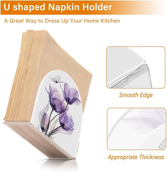 Purple Tulips Flowers Butterfly Napkin Holder for Tables Paper Cocktail Napkin Holders for Kitchen and Dinning, Acrylic Dinner Napkin Dispenser for Restaurant Home Decor Bar Accessories 1 Pack