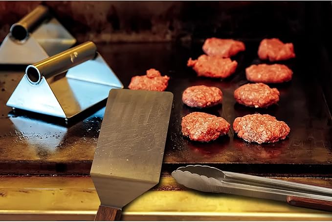 Tongs and Spatula Set of 3, Heavy Duty Stainless Steel Kitchen Tongs 12"/16" & Metal Spatula 4 x 5.5 with Wood Handle for BBQ Grill Flat Top Griddle, Professional Grill Accessories Gift